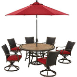 Hanover Outdoor Dining Set Hanover Monaco 7-Piece Dining Set in Red with 6 Wicker Back Swivel Rockers, 60-in. Tile-Top Table and 9-Ft. Umbrella