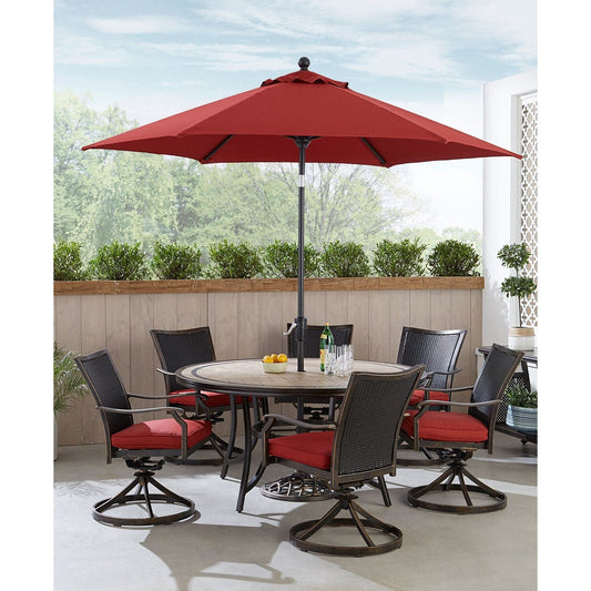 Hanover Outdoor Dining Set Hanover Monaco 7-Piece Dining Set in Red with 6 Wicker Back Swivel Rockers, 60-in. Tile-Top Table and 9-Ft. Umbrella | MONDNWB7PCSW6RDTL-SU-R