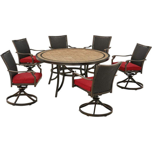 Hanover Outdoor Dining Set Hanover Monaco 7-Piece Dining Set in Red with 6 Wicker Back Swivel Rockers and a 60-in. Tile-Top Table