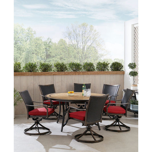Hanover Outdoor Dining Set Hanover Monaco 7-Piece Dining Set in Red with 6 Wicker Back Swivel Rockers and a 60-in. Tile-Top Table | MONDNWB7PCSW6RDTL-RED