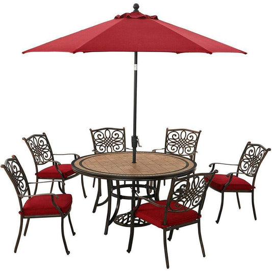 Hanover Outdoor Dining Set Hanover Monaco 7-Piece Dining Set in Red with Six Dining Chairs, 60-in. Tile-Top Table and 9-Ft. Umbrella