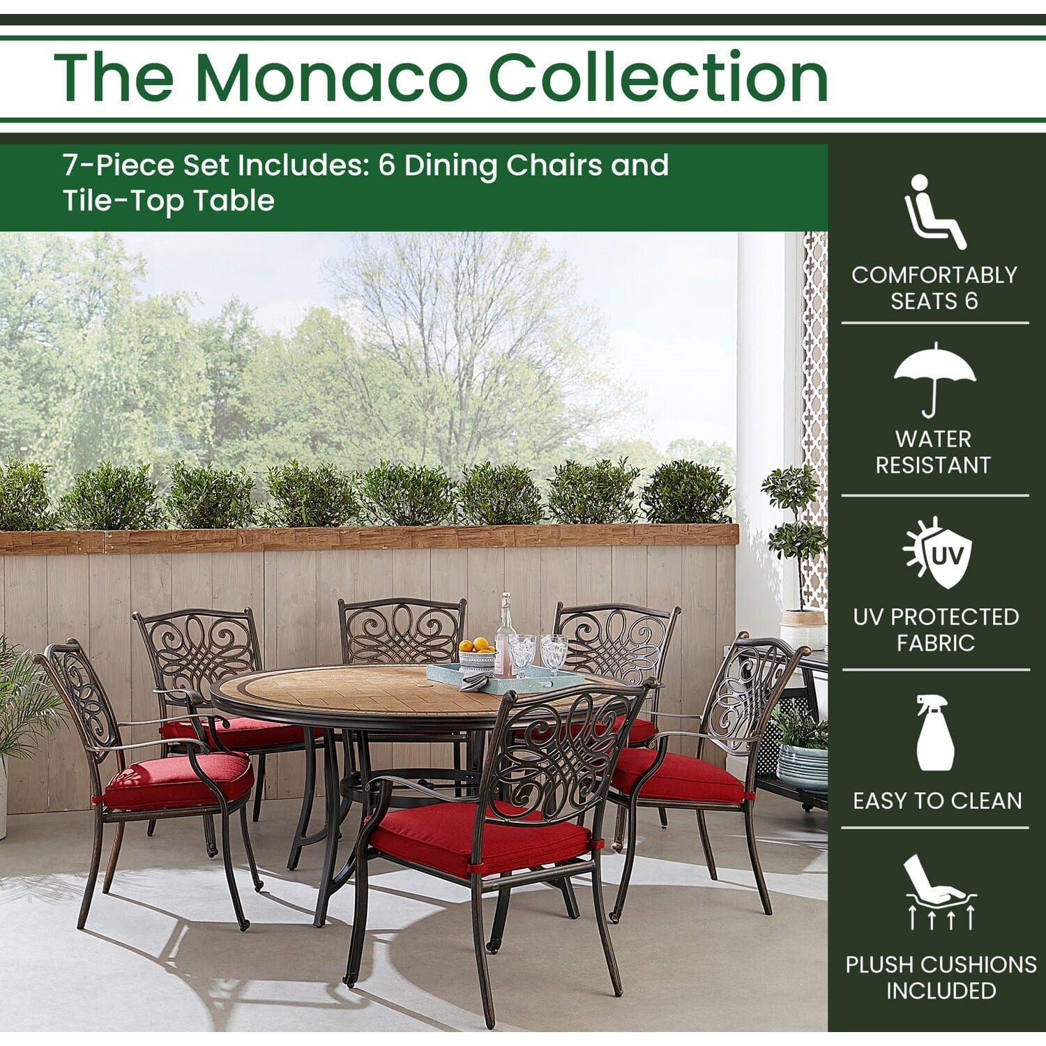Hanover Outdoor Dining Set Hanover Monaco 7-Piece Dining Set in Red with Six Dining Chairs and a 60-in. Tile-Top Table | MONDN7PCRDTL-C-RED