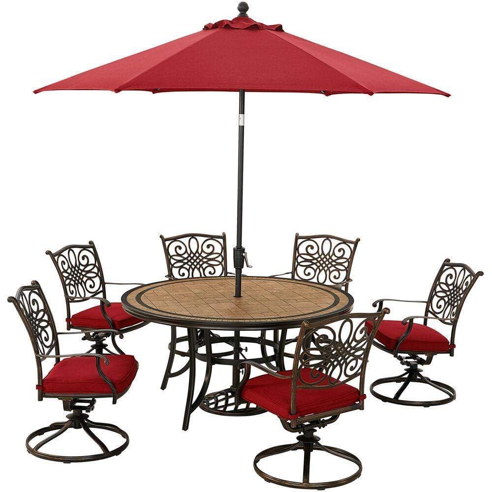 Hanover Outdoor Dining Set Hanover Monaco 7-Piece Dining Set in Red with Six Swivel Rockers, 60-in. Tile-Top Table and 9-Ft. Umbrella