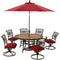 Hanover Outdoor Dining Set Hanover Monaco 7-Piece Dining Set in Red with Six Swivel Rockers, 60-in. Tile-Top Table and 9-Ft. Umbrella