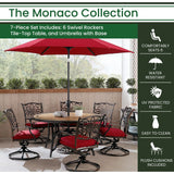 Hanover Outdoor Dining Set Hanover Monaco 7-Piece Dining Set in Red with Six Swivel Rockers, 60-in. Tile-Top Table and 9-Ft. Umbrella | MONDN7PCSW6RDTLC-SU-R