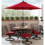 Hanover Outdoor Dining Set Hanover Monaco 7-Piece Dining Set in Red with Six Swivel Rockers, 60-in. Tile-Top Table and 9-Ft. Umbrella | MONDN7PCSW6RDTLC-SU-R