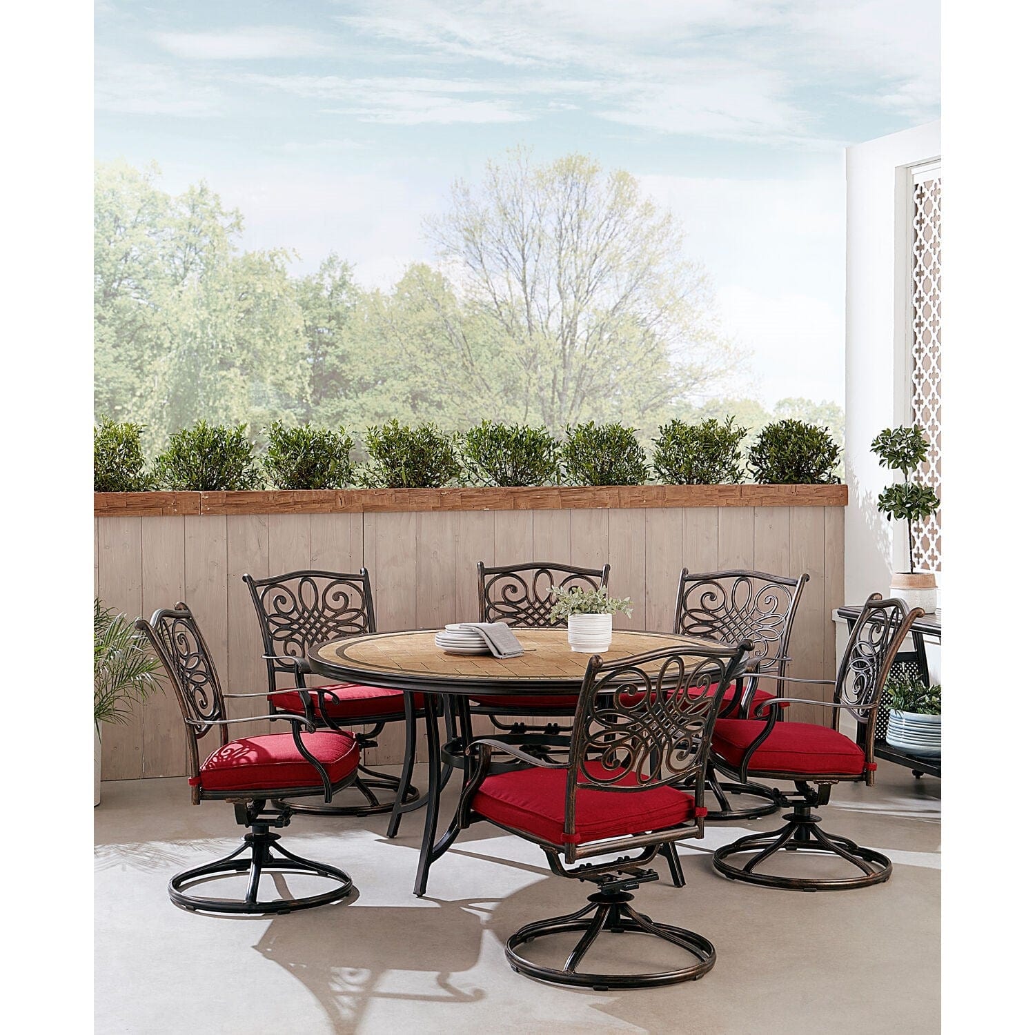 Hanover Outdoor Dining Set Hanover Monaco 7-Piece Dining Set in Red with Six Swivel Rockers and a 60-in. Tile-Top Table | MONDN7PCSW6RDTL-C-RED