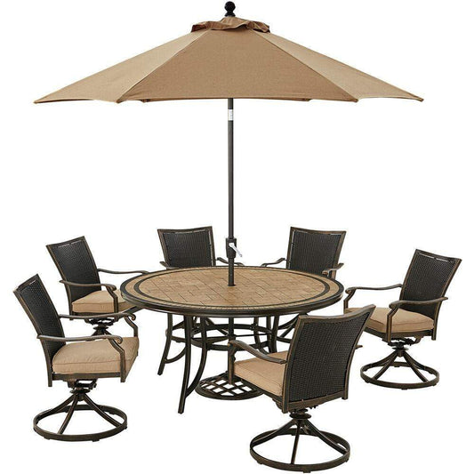Hanover Outdoor Dining Set Hanover Monaco 7-Piece Dining Set in Tan with 6 Wicker Back Swivel Rockers, 60-in. Tile-Top Table and 9-Ft. Umbrella