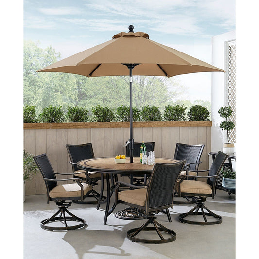 Hanover Outdoor Dining Set Hanover Monaco 7-Piece Dining Set in Tan with 6 Wicker Back Swivel Rockers, 60-in. Tile-Top Table and 9-Ft. Umbrella | MONDNWB7PCSW6RDTL-SU-T