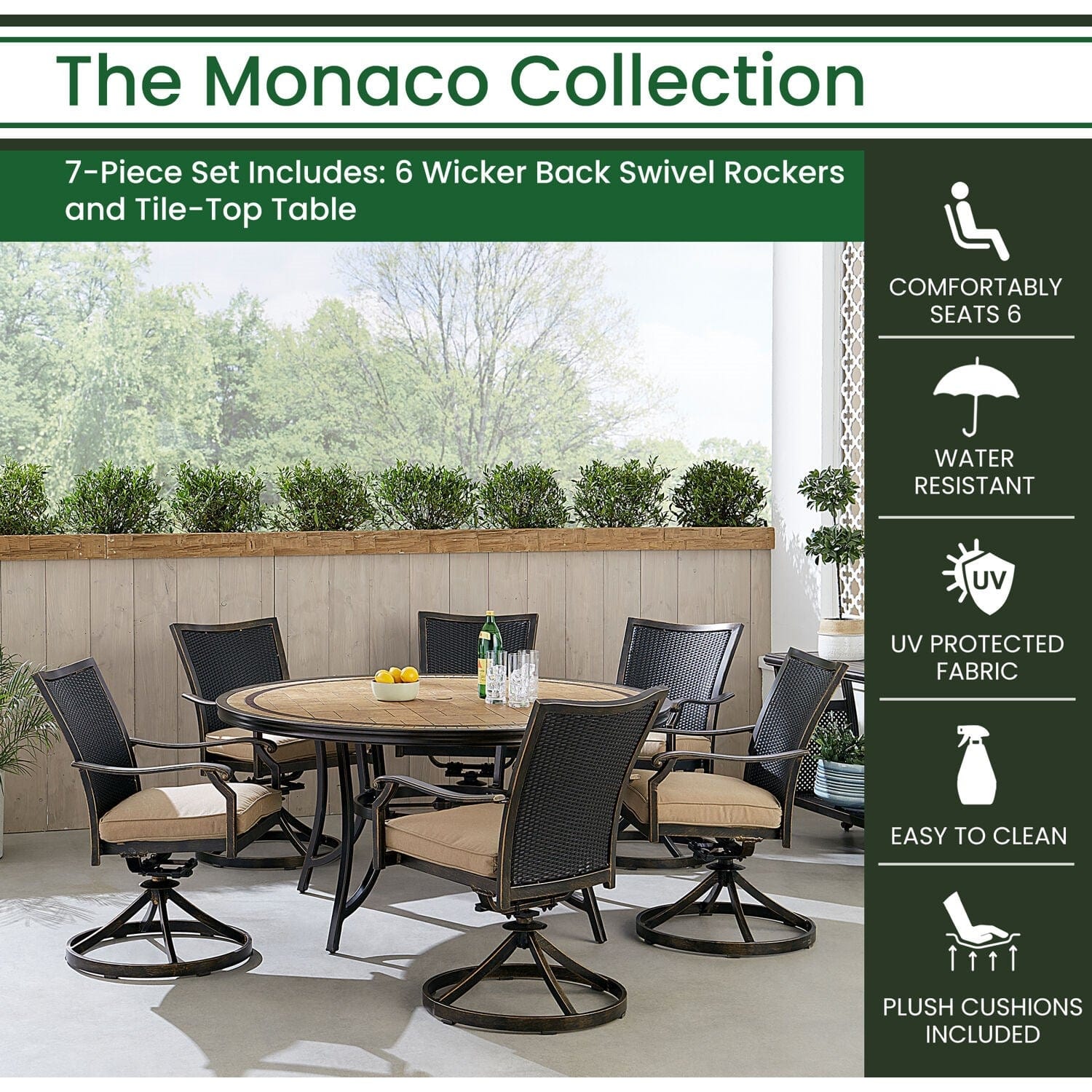 Hanover Outdoor Dining Set Hanover Monaco 7-Piece Dining Set in Tan with 6 Wicker Back Swivel Rockers and a 60-in. Tile-Top Table | MONDNWB7PCSW6RDTL-TAN