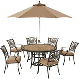 Hanover Outdoor Dining Set Hanover Monaco 7-Piece Dining Set in Tan with Six Dining Chairs, 60-in. Tile-Top Table and 9-Ft. Umbrella