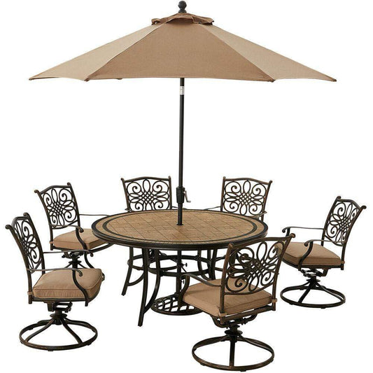 Hanover Outdoor Dining Set Hanover Monaco 7-Piece Dining Set in Tan with Six Swivel Rockers, 60-in. Tile-Top Table and 9-Ft. Umbrella
