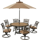 Hanover Outdoor Dining Set Hanover Monaco 7-Piece Dining Set in Tan with Six Swivel Rockers, 60-in. Tile-Top Table and 9-Ft. Umbrella