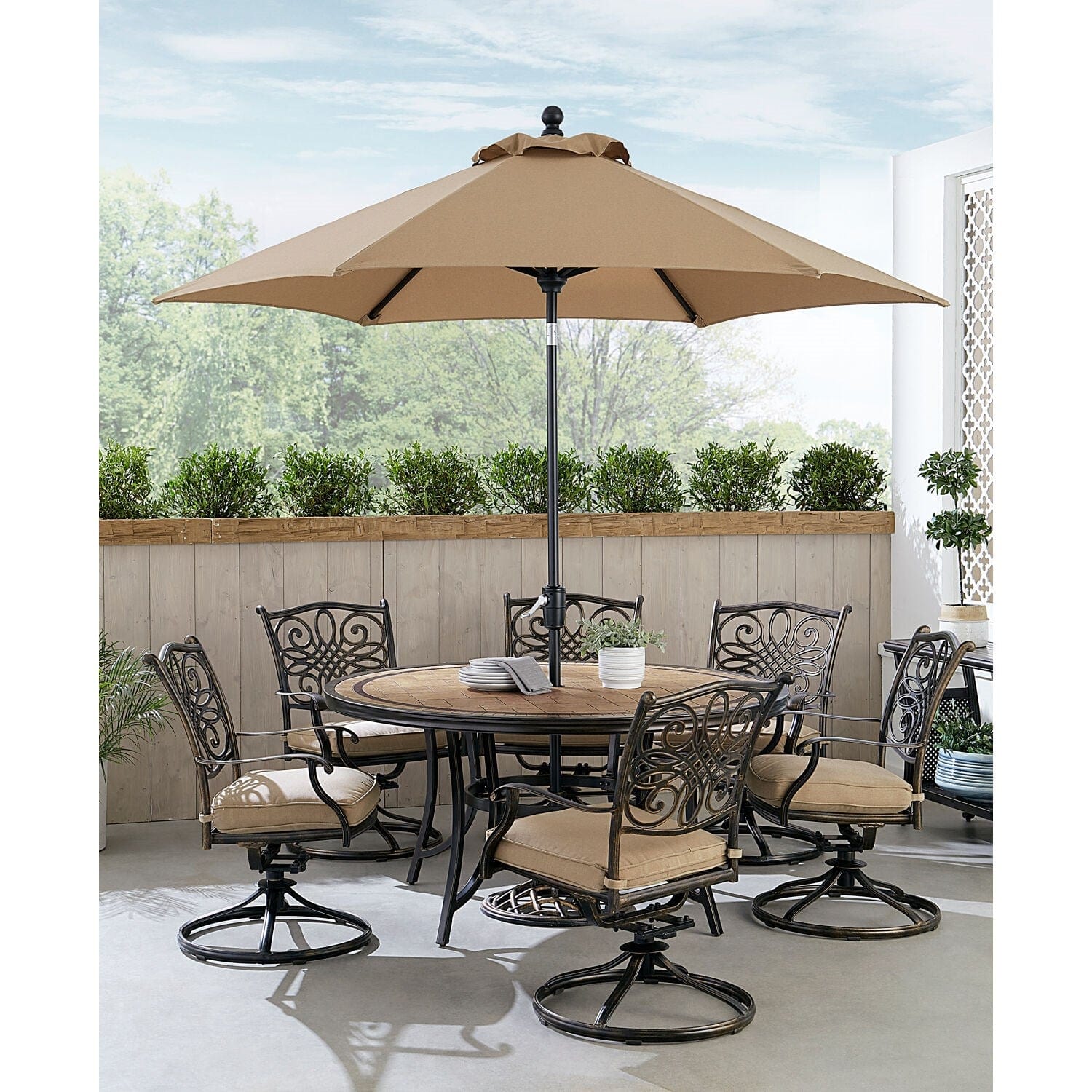 Hanover Outdoor Dining Set Hanover Monaco 7-Piece Dining Set in Tan with Six Swivel Rockers, 60-in. Tile-Top Table and 9-Ft. Umbrella | MONDN7PCSW6RDTLC-SU-T