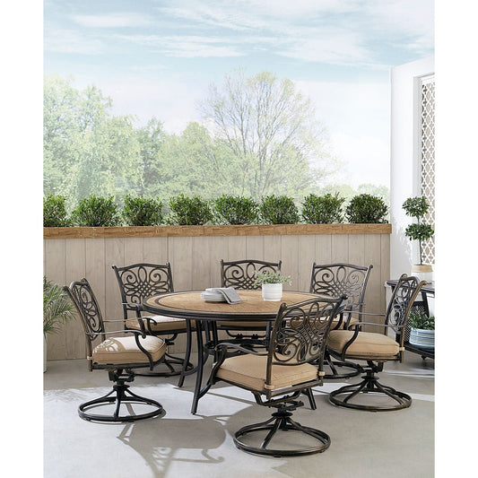 Hanover Outdoor Dining Set Hanover Monaco 7-Piece Dining Set in Tan with Six Swivel Rockers and a 60-in. Tile-Top Table | MONDN7PCSW6RDTL-C-TAN