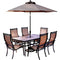 Hanover Outdoor Dining Set Hanover - Monaco 7-Piece Dining Set with 9 Ft. Table Umbrella and Umbrella Stand | MONDN7PC-SU