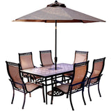 Hanover Outdoor Dining Set Hanover - Monaco 7-Piece Dining Set with 9 Ft. Table Umbrella and Umbrella Stand | MONDN7PC-SU
