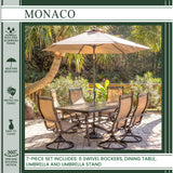 Hanover Outdoor Dining Set Hanover Monaco 7-Piece Dining Set with Six Swivel Rockers, a 68 x 40 in. Dining Table, 9 Ft. Table Umbrella, and Umbrella Stand - MONDN7PCSW6-SU