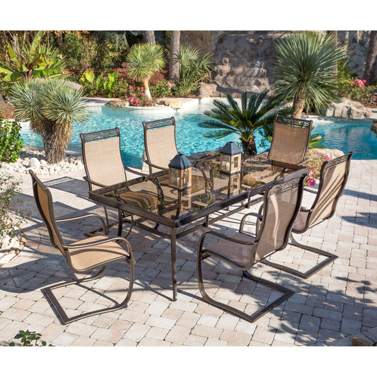 Hanover Outdoor Dining Set Hanover Monaco 7-Piece Dining Set with Spring Sling Chairs and Glass-top Dining Table | MONDN7PCSPG