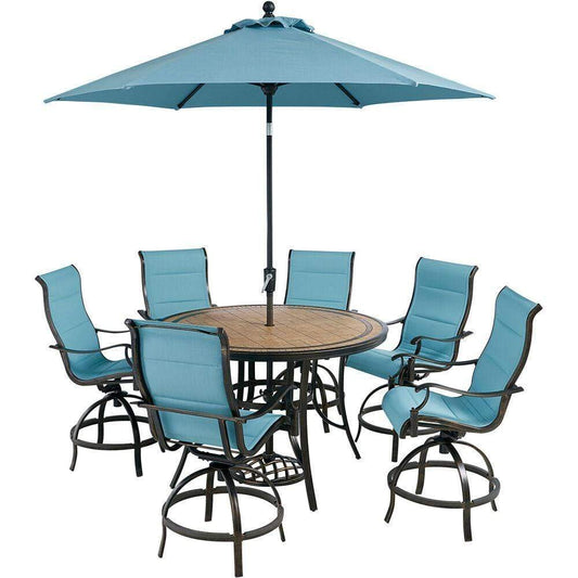Hanover Outdoor Dining Set Hanover Monaco 7-Piece High-Dining Set in Blue with 6 Padded Counter-Height Swivel Chairs, 56-In. Tile-Top Table and 9-Ft. Umbrella