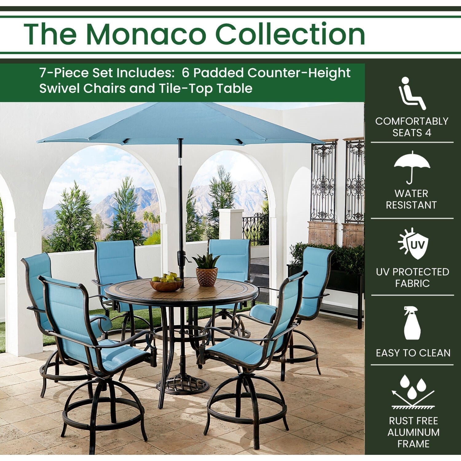 Hanover Outdoor Dining Set Hanover Monaco 7-Piece High-Dining Set in Blue with 6 Padded Counter-Height Swivel Chairs, 56-In. Tile-Top Table and 9-Ft. Umbrella | MONDN7PCPDBRC-SU-B