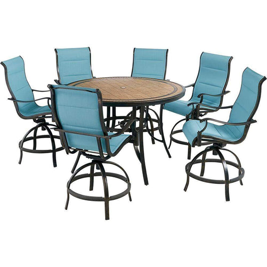 Hanover Outdoor Dining Set Hanover Monaco 7-Piece High-Dining Set in Blue with 6 Padded Counter-Height Swivel Chairs and a 56-In. Tile-Top Table