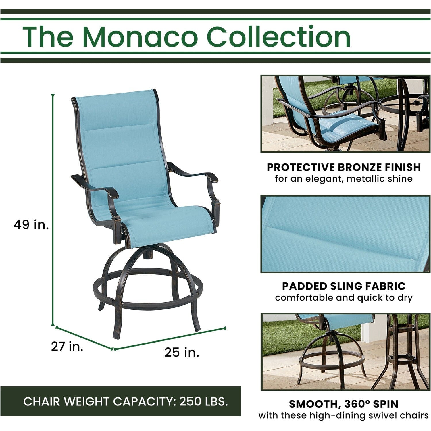 Hanover Outdoor Dining Set Hanover Monaco 7-Piece High-Dining Set in Blue with 6 Padded Counter-Height Swivel Chairs and a 56-In. Tile-Top Table | MONDN7PCPDBR-C-BLU