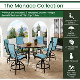 Hanover Outdoor Dining Set Hanover Monaco 7-Piece High-Dining Set in Blue with 6 Padded Counter-Height Swivel Chairs and a 56-In. Tile-Top Table | MONDN7PCPDBR-C-BLU