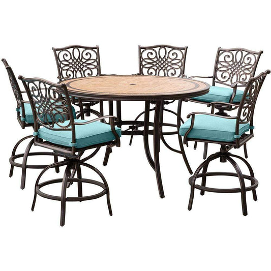 Hanover Outdoor Dining Set Hanover Monaco 7-Piece High-Dining Set in Blue with a 56 In. Tile-top Table and 6 Swivel Chairs