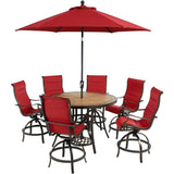 Hanover Outdoor Dining Set Hanover Monaco 7-Piece High-Dining Set in Red with 6 Padded Counter-Height Swivel Chairs, 56-In. Tile-Top Table and 9-Ft. Umbrella