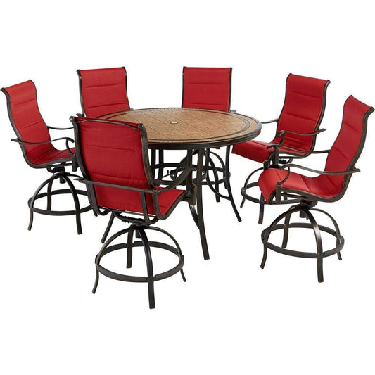 Hanover Outdoor Dining Set Hanover Monaco 7-Piece High-Dining Set in Red with 6 Padded Counter-Height Swivel Chairs and a 56-In. Tile-Top Table