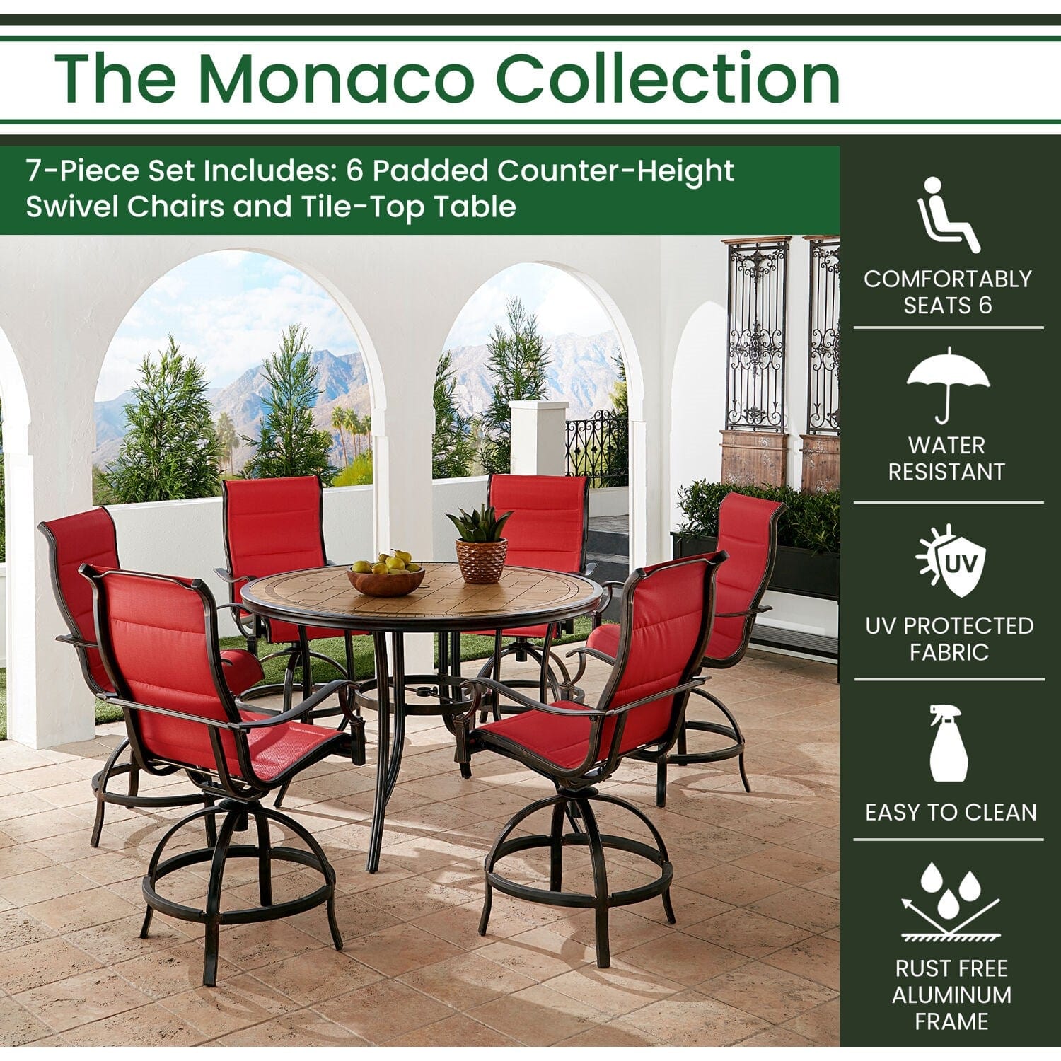 Hanover Outdoor Dining Set Hanover Monaco 7-Piece High-Dining Set in Red with 6 Padded Counter-Height Swivel Chairs and a 56-In. Tile-Top Table | MONDN7PCPDBR-C-RED