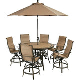 Hanover Outdoor Dining Set Hanover Monaco 7-Piece High-Dining Set in Tan with 6 Padded Counter-Height Swivel Chairs, 56-In. Tile-Top Table and 9-Ft. Umbrella
