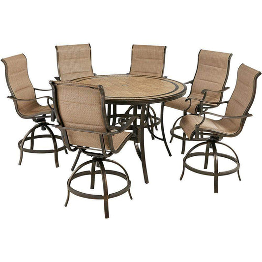Hanover Outdoor Dining Set Hanover Monaco 7-Piece High-Dining Set in Tan with 6 Padded Counter-Height Swivel Chairs and a 56-In. Tile-Top Table