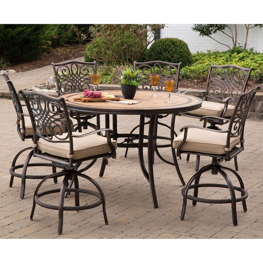 Hanover Outdoor Dining Set Hanover Monaco 7-Piece High-Dining Set in Tan with a 56 In. Tile-top Table and 6 Swivel Chairs - MONDN7PCBR-C