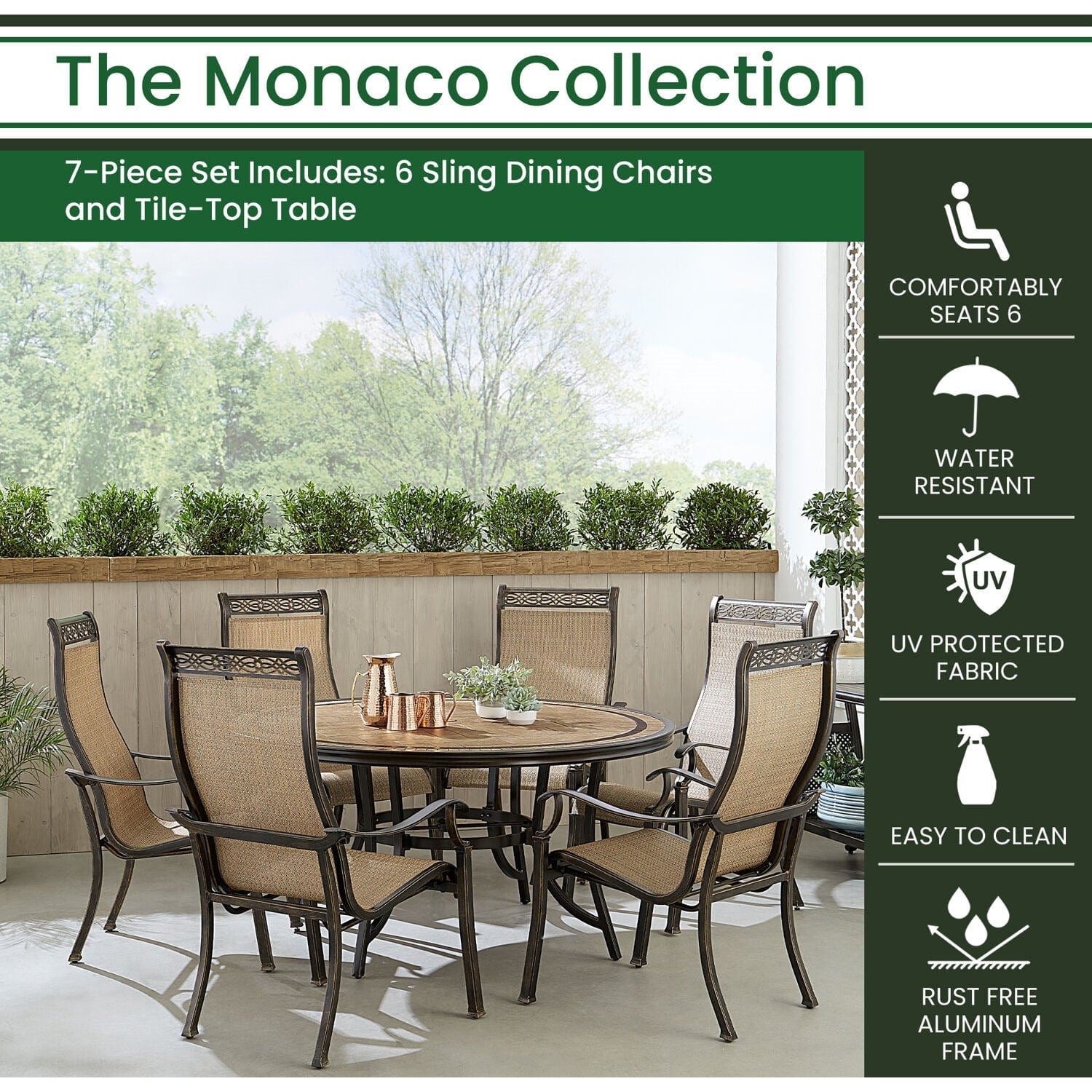 Hanover Outdoor Dining Set Hanover Monaco 7-Piece Outdoor Dining Set with 6 Sling Dining Chairs and a 60-in. Tile-Top Table | MONDN7PCRDTL