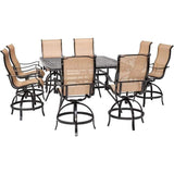 Hanover Outdoor Dining Set Hanover Monaco 9-Piece Counter-Height Outdoor Dining Set with 8 Sling Swivel Chairs and a 60-In. Square Glass-Top Table
