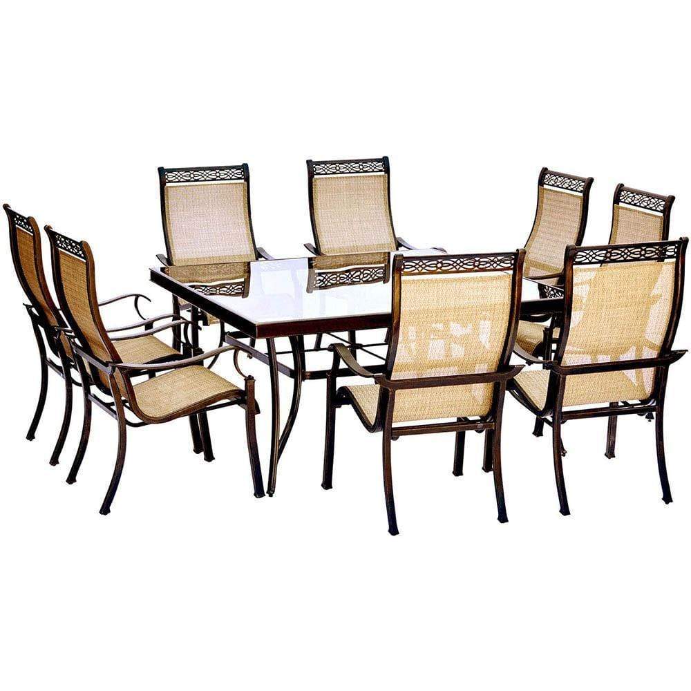 Hanover Outdoor Dining Set Hanover Monaco 9-Piece Dining Set with 60 In. Square Glass-top Table and Eight Stationary Dining Chairs, MONDN9PCSQG