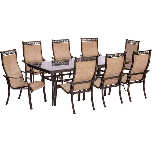 Hanover Outdoor Dining Set Hanover Monaco 9-Piece Dining Set with Eight Stationary Dining Chairs and an Extra Long 42 In. x 84 In. Glass-top Dining Table, MONDN9PCG