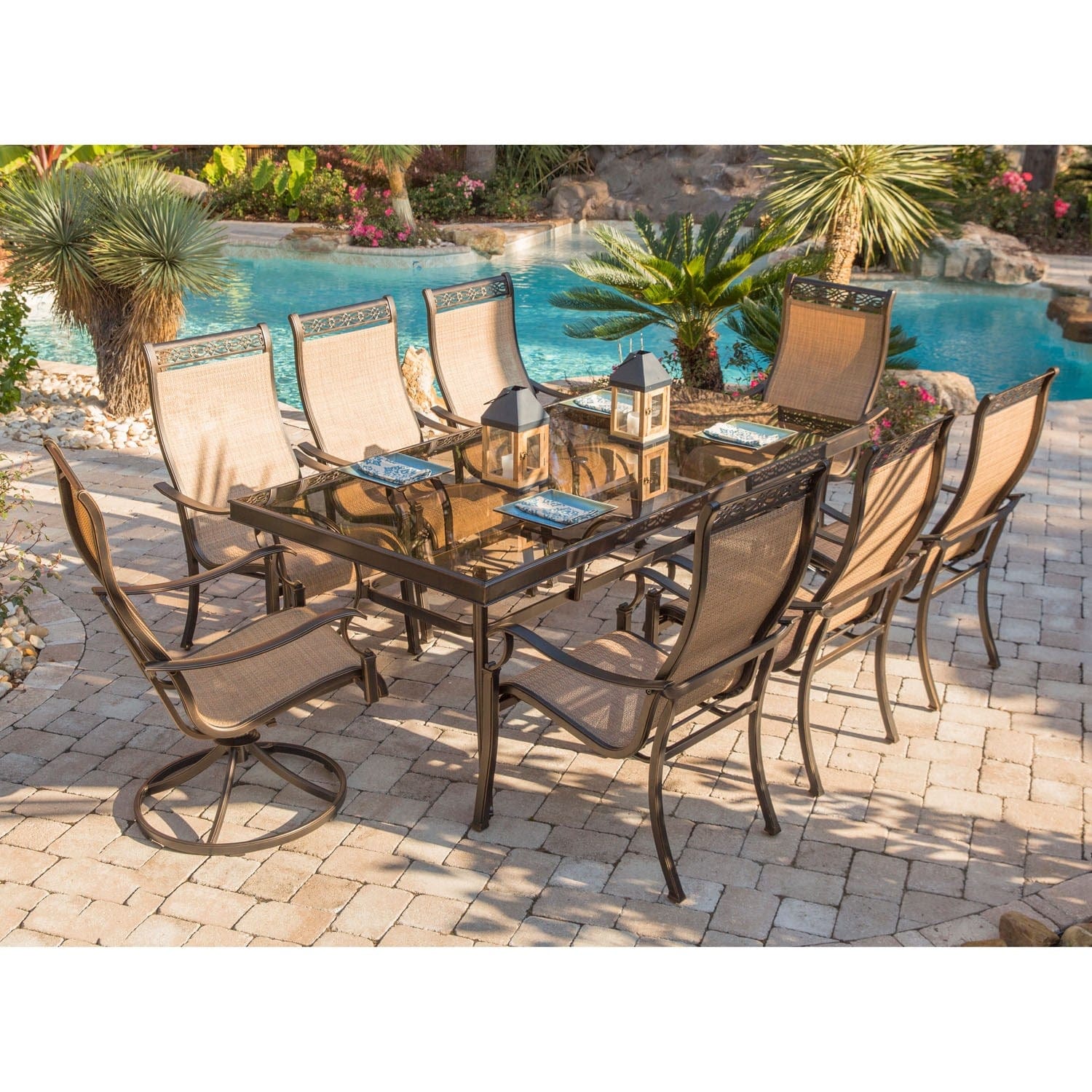 Hanover Outdoor Dining Set Hanover Monaco 9-Piece Dining Set with Six Dining Chairs, Two Swivel Rockers, and an Extra Long 42 In. x 84 In. Dining Table | MONDN9PCSW2G