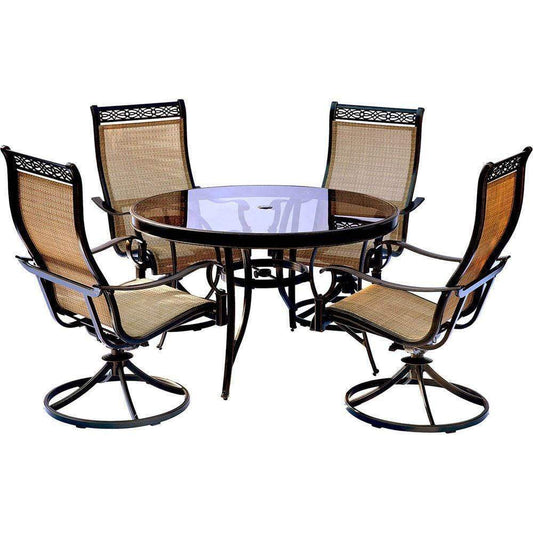 Hanover Outdoor Dining Set Hanover - Monaco5pc: 4 Sling Swivel Rockers, 48" Round Glass Top Table