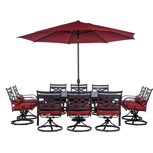 Hanover Outdoor Dining Set Hanover Montclair 11 pc: 10 Swivel Rockers, 60"x84" Table, Umbrella, Umbrella Base Aluminum Frame Chili and Brown | MCLRDN11PCSW10-SU-C