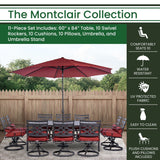 Hanover Outdoor Dining Set Hanover Montclair 11 pc: 10 Swivel Rockers, 60"x84" Table, Umbrella, Umbrella Base Aluminum Frame Chili and Brown | MCLRDN11PCSW10-SU-C
