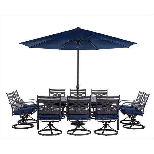 Hanover Outdoor Dining Set Hanover Montclair 11 pc: 10 Swivel Rockers, 60"x84" Table, Umbrella, Umbrella Base Aluminum Frame Navy and Brown | MCLRDN11PCSW10-SU-N