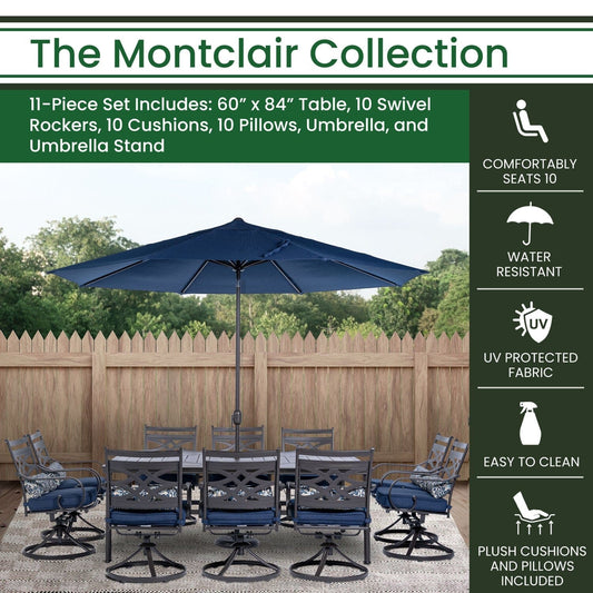 Hanover Outdoor Dining Set Hanover Montclair 11 pc: 10 Swivel Rockers, 60"x84" Table, Umbrella, Umbrella Base Aluminum Frame Navy and Brown | MCLRDN11PCSW10-SU-N