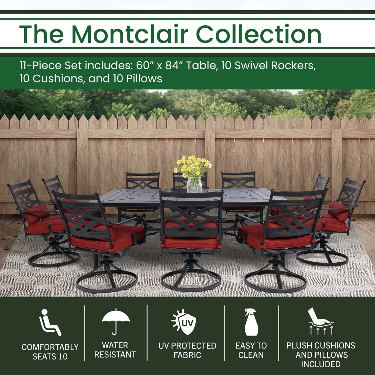 Hanover Outdoor Dining Set Hanover - Montclair 11-Piece Dining Set with 10 Swivel Rockers and Table - Chili and Brown | MCLRDN11PCSW10-CHL