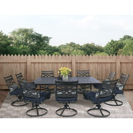 Hanover Outdoor Dining Set Hanover - Montclair 11-Piece Dining Set with 10 Swivel Rockers and Table - Navy and Brown | MCLRDN11PCSW10-NVY