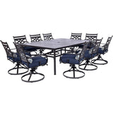 Hanover Outdoor Dining Set Hanover - Montclair 11-Piece Dining Set with 10 Swivel Rockers and Table - Navy and Brown | MCLRDN11PCSW10-NVY