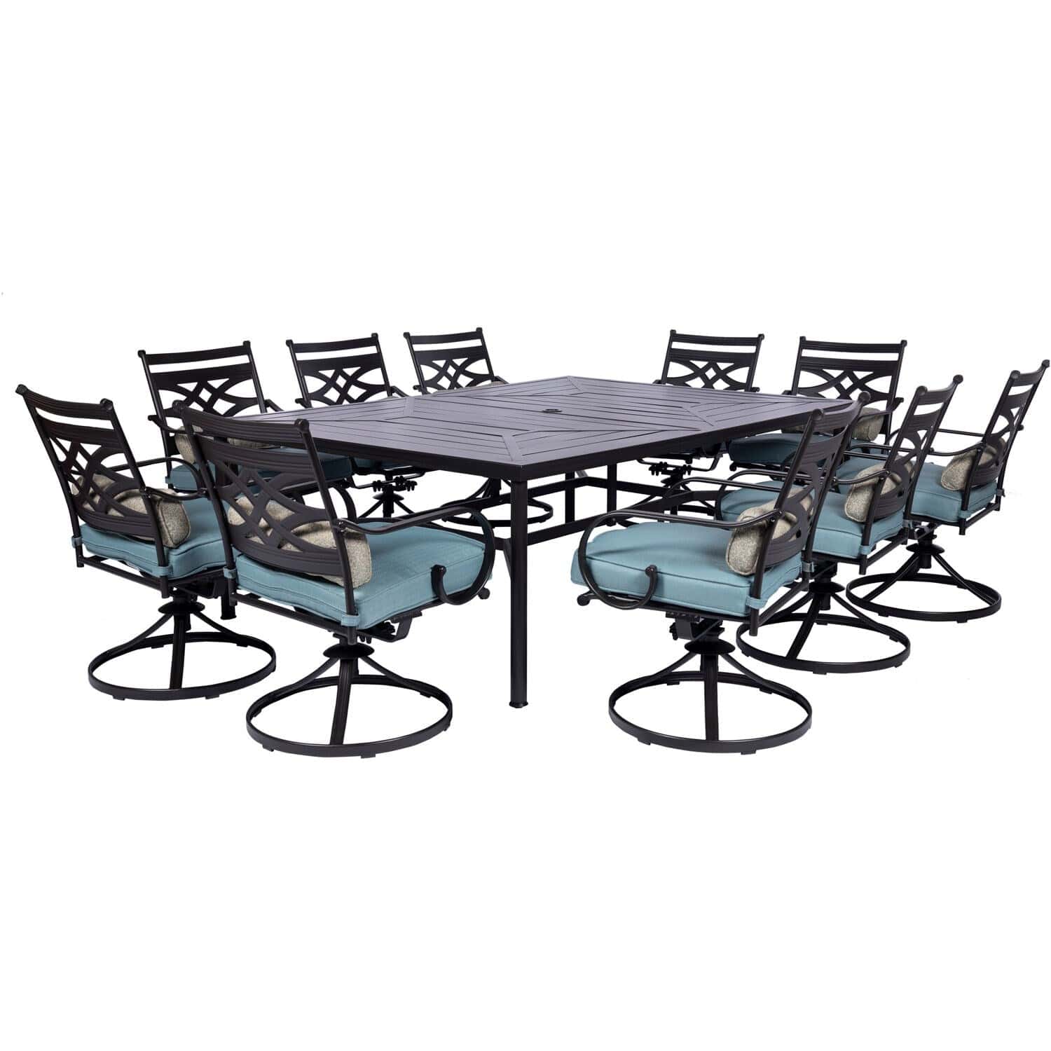 Hanover Outdoor Dining Set Hanover - Montclair 11-Piece Dining Set with 10 Swivel Rockers and Table - Ocean Blue and Brown | MCLRDN11PCSW10-BLU