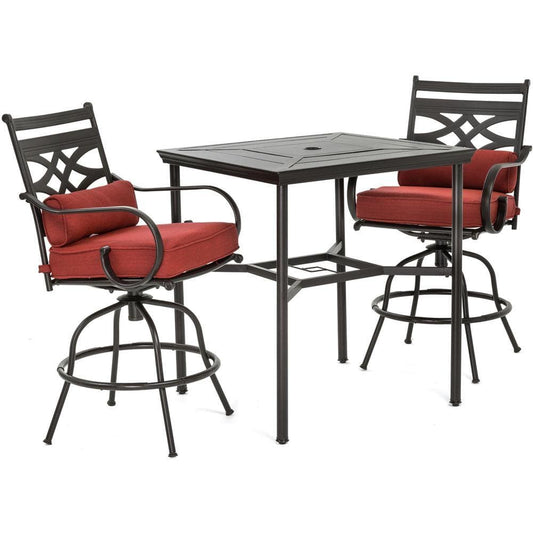 Hanover Outdoor Dining Set Hanover Montclair 3-Piece High-Dining Set in Chili Red with 2 Swivel Chairs and a 33-Inch Square Table